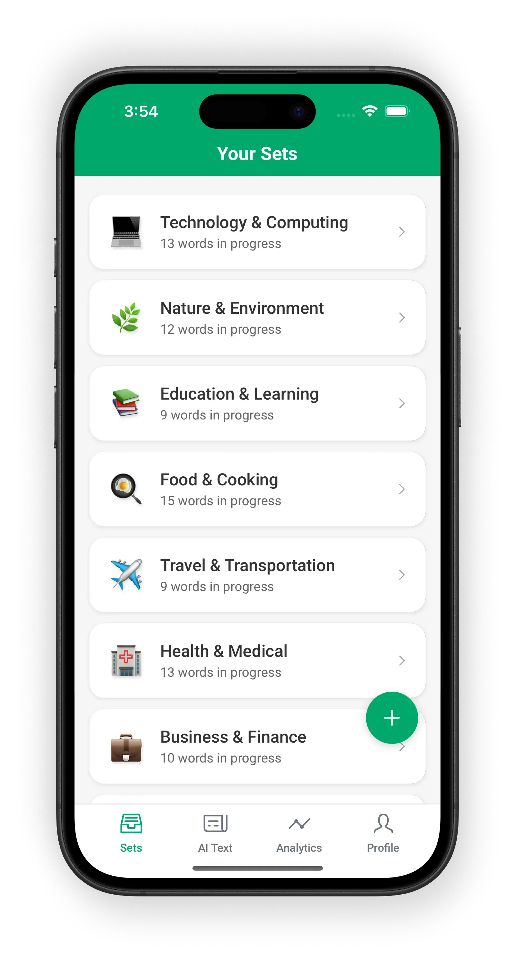 AI text with highlighted vocabulary, a flashcard flip, and TTS playback illustrating contextual learning.